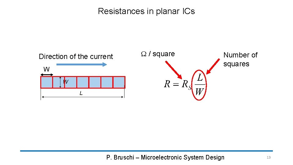 Resistances in planar ICs Direction of the current W W / square Number of