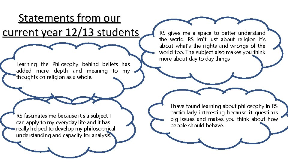 Statements from our current year 12/13 students Learning the Philosophy behind beliefs has added