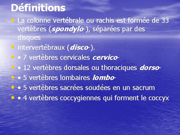 Définitions • La colonne vertébrale ou rachis est formée de 33 • • •