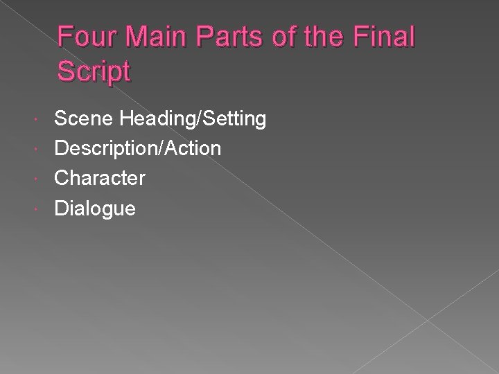 Four Main Parts of the Final Script Scene Heading/Setting Description/Action Character Dialogue 