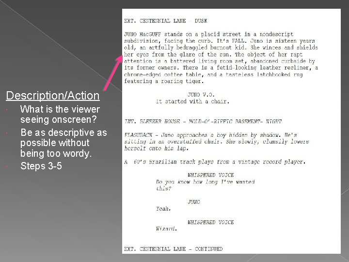 Description/Action What is the viewer seeing onscreen? Be as descriptive as possible without being