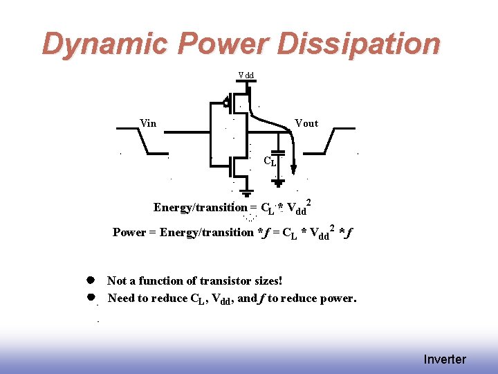 Dynamic Power Dissipation Vdd Vin Vout CL Energy/transition = CL * Vdd 2 Power