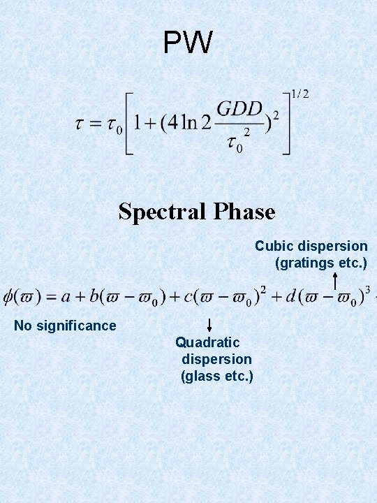 PW Spectral Phase Cubic dispersion (gratings etc. ) No significance Quadratic dispersion (glass etc.