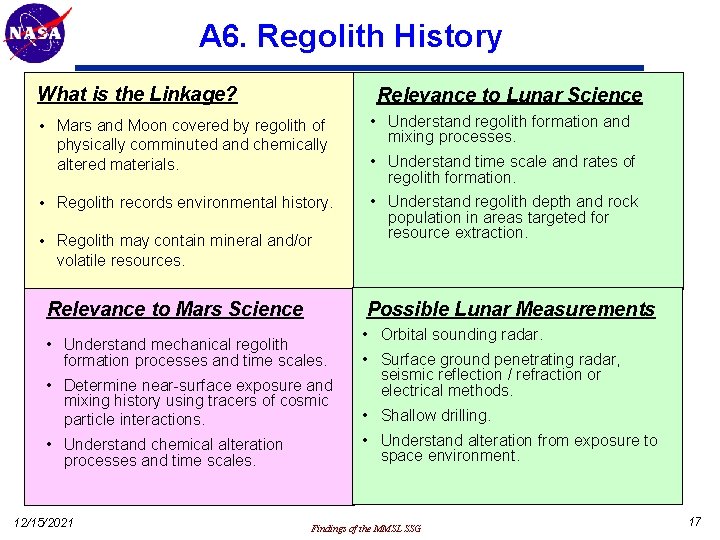 A 6. Regolith History What is the Linkage? Relevance to Lunar Science • Mars