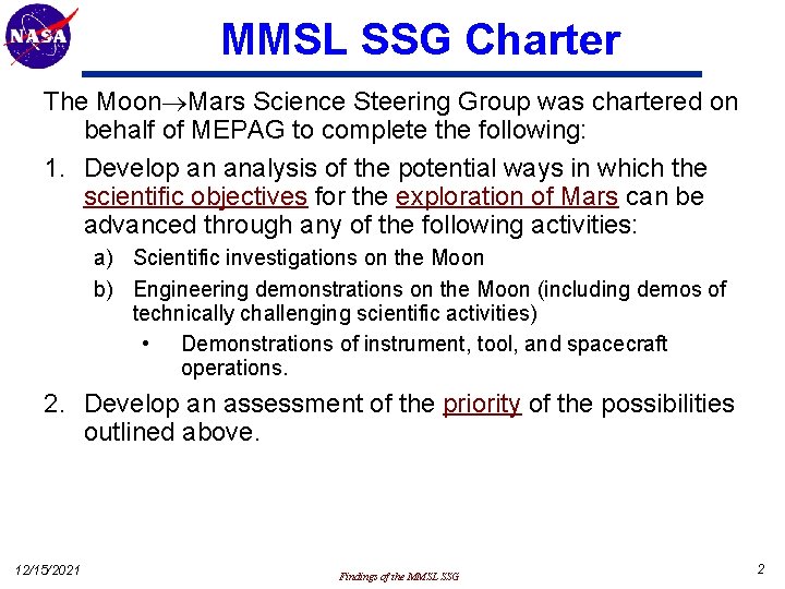 MMSL SSG Charter The Moon Mars Science Steering Group was chartered on behalf of