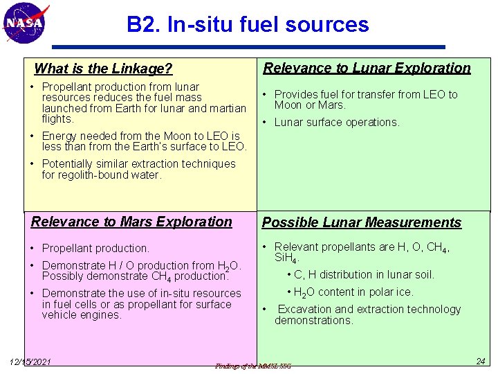 B 2. In-situ fuel sources Relevance to Lunar Exploration What is the Linkage? •