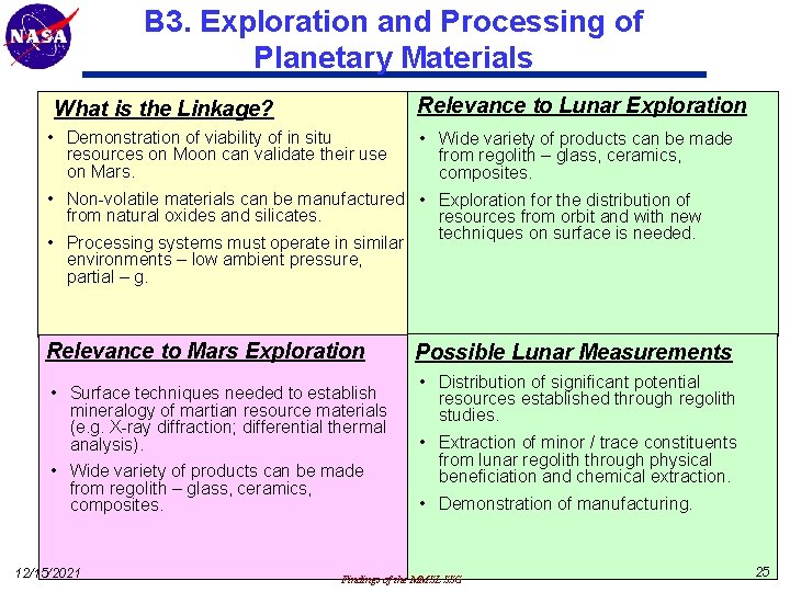 B 3. Exploration and Processing of Planetary Materials Relevance to Lunar Exploration What is