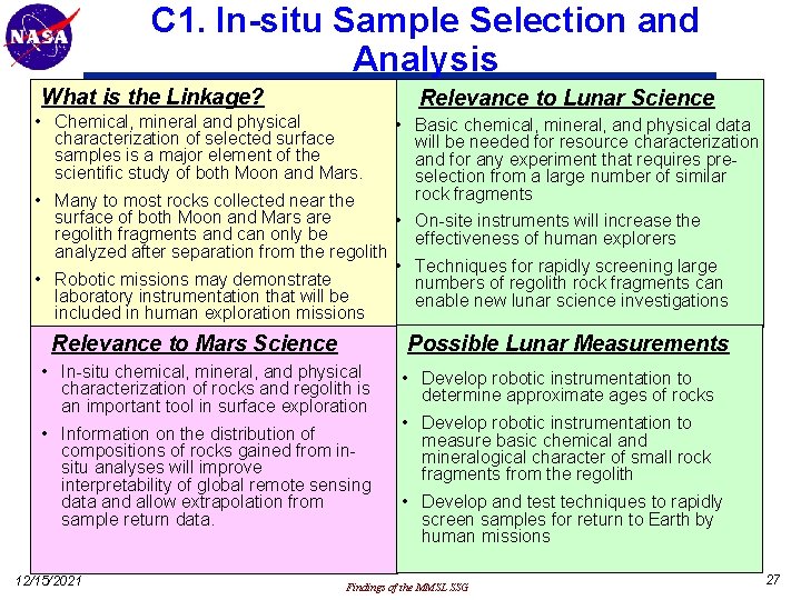 C 1. In-situ Sample Selection and Analysis What is the Linkage? Relevance to Lunar