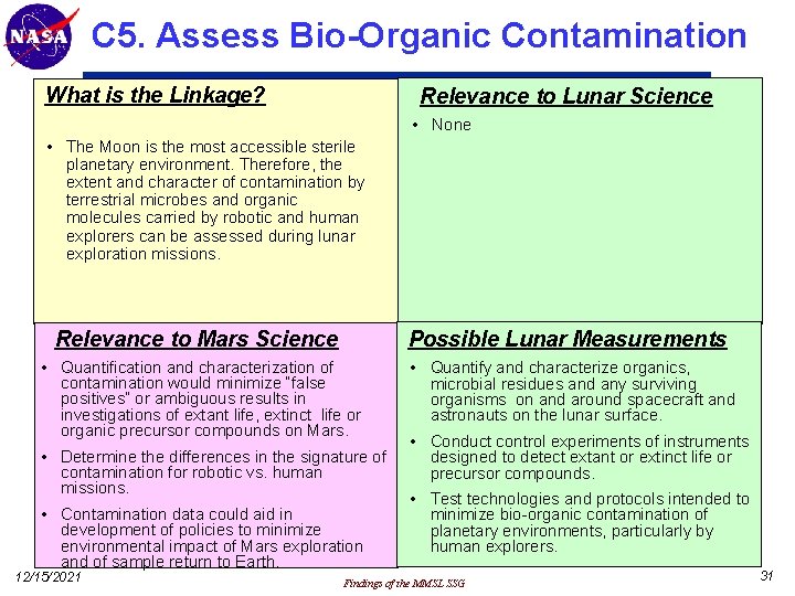C 5. Assess Bio-Organic Contamination What is the Linkage? Relevance to Lunar Science •