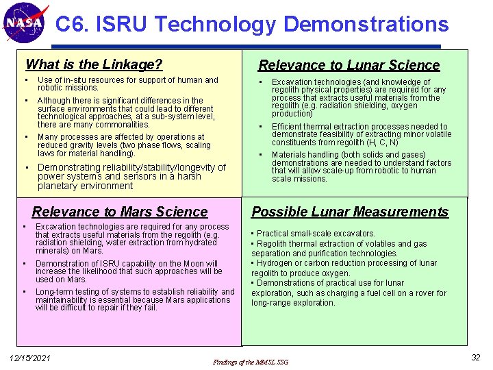 C 6. ISRU Technology Demonstrations What is the Linkage? Relevance to Lunar Science •