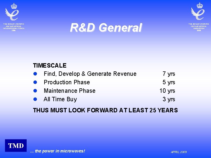 THE QUEEN’S AWARDS FOR ENTERPRISE: INTERNATIONAL TRADE 2004 R&D General TIMESCALE l Find, Develop