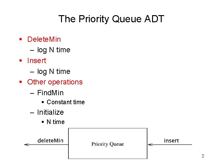 The Priority Queue ADT § Delete. Min – log N time § Insert –