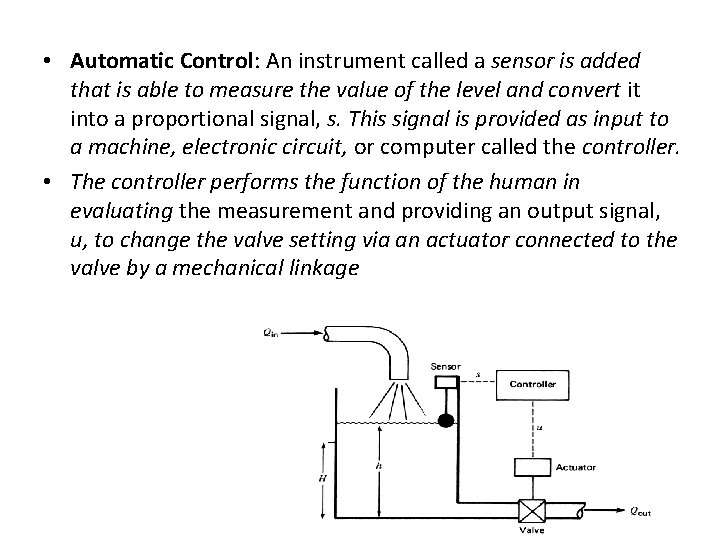  • Automatic Control: An instrument called a sensor is added that is able