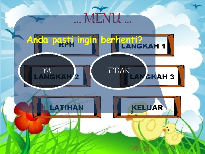 … MENU … Anda pasti ingin berhenti? RPH LANGKAH 1 YA LANGKAH 2 LATIHAN