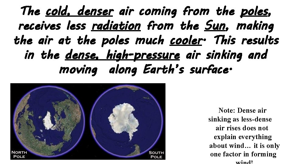 The cold, denser air coming from the poles, receives less radiation from the Sun,
