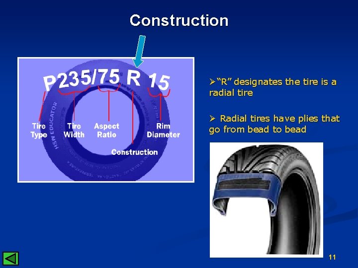 Construction Ø“R” designates the tire is a radial tire Ø Radial tires have plies