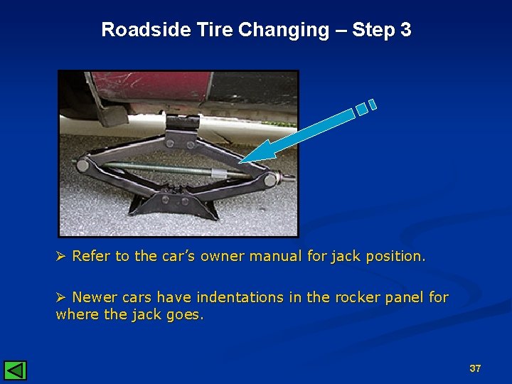 Roadside Tire Changing – Step 3 Ø Refer to the car’s owner manual for