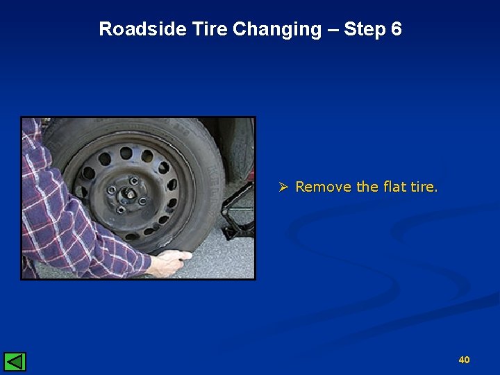 Roadside Tire Changing – Step 6 Ø Remove the flat tire. 40 