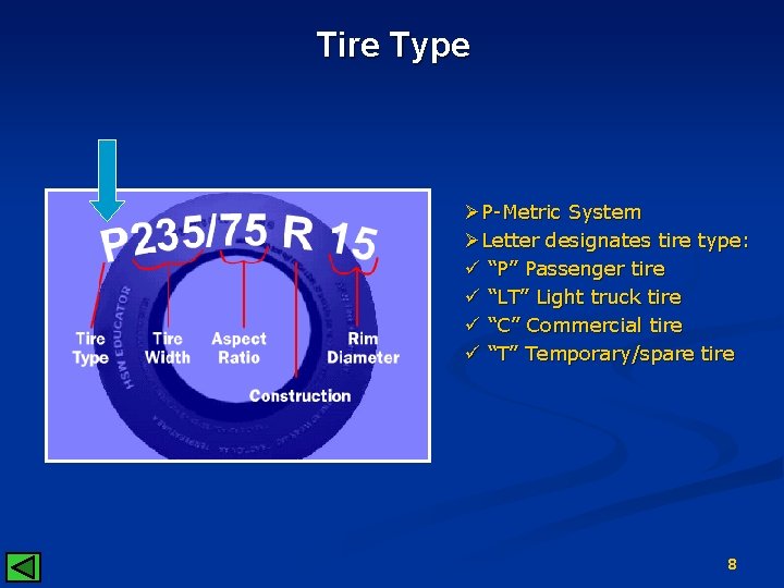 Tire Type ØP-Metric System ØLetter designates tire type: ü “P” Passenger tire ü “LT”