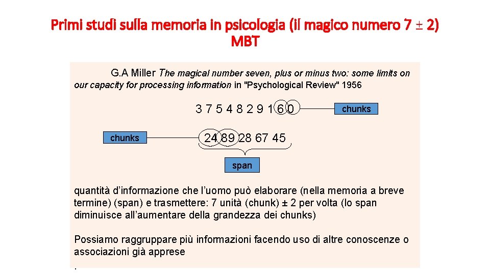 Primi studi sulla memoria in psicologia (il magico numero 7 ± 2) MBT G.