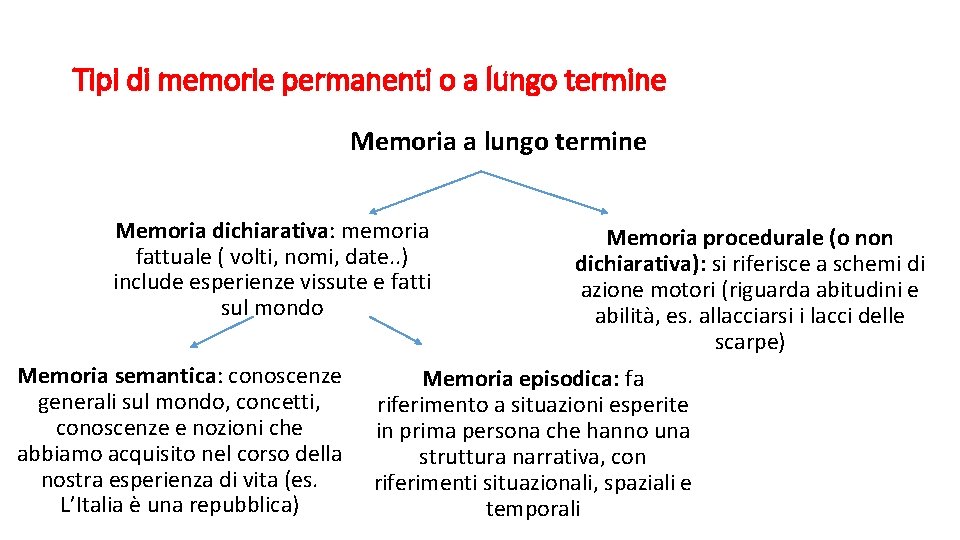 Tipi di memorie permanenti o a lungo termine Memoria dichiarativa: memoria fattuale ( volti,