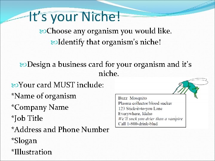 It’s your Niche! Choose any organism you would like. Identify that organism’s niche! Design