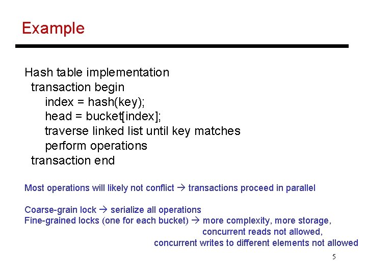 Example Hash table implementation transaction begin index = hash(key); head = bucket[index]; traverse linked