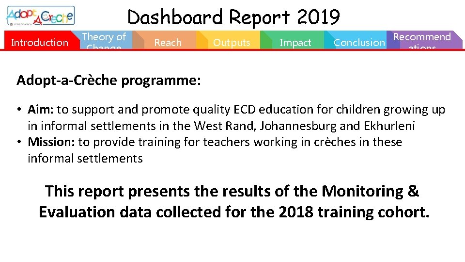 Dashboard Report 2019 Introduction Theory of Change Reach Outputs Impact Conclusion Recommend ations Adopt-a-Crèche