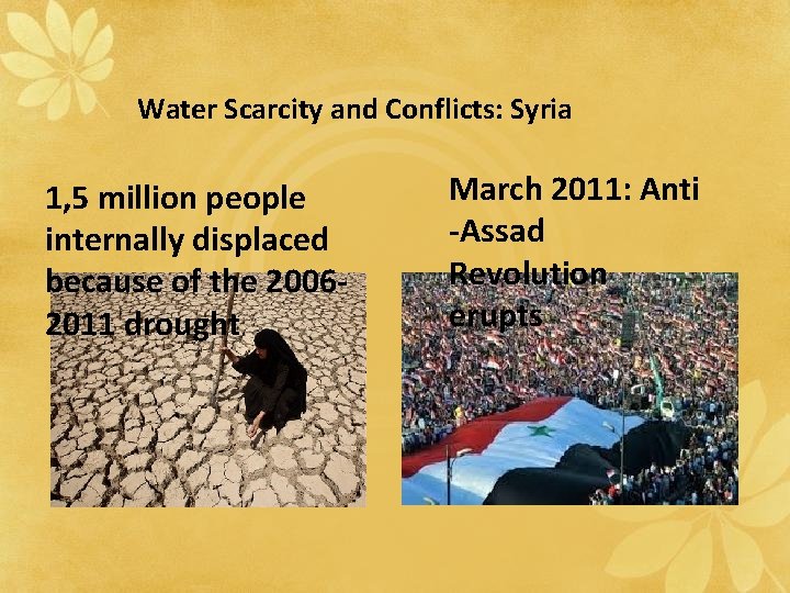 Water Scarcity and Conflicts: Syria 1, 5 million people internally displaced because of the