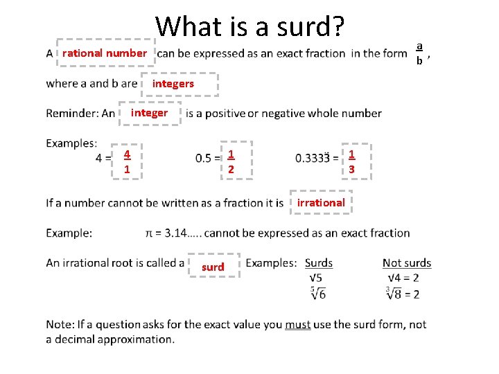 What is a surd? a b rational number integers integer 1 2 4 1