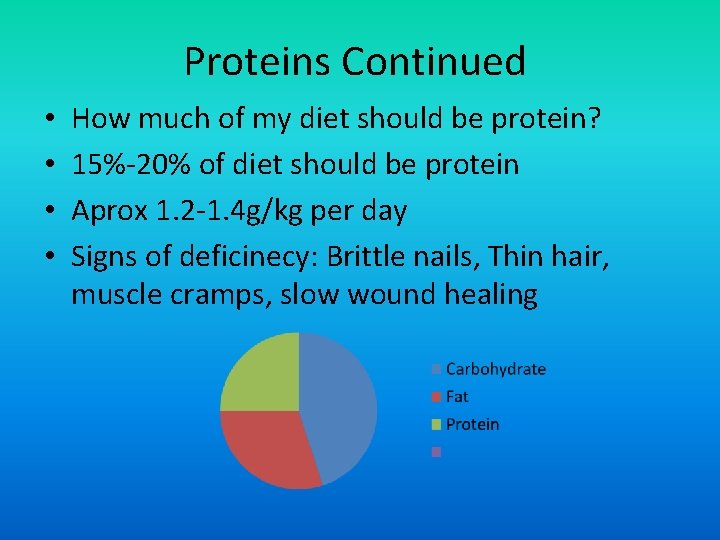 Proteins Continued • • How much of my diet should be protein? 15%-20% of