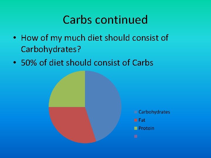 Carbs continued • How of my much diet should consist of Carbohydrates? • 50%