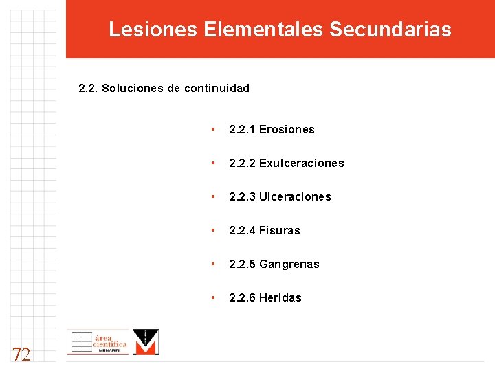 Lesiones Elementales Secundarias 2. 2. Soluciones de continuidad 72 • 2. 2. 1 Erosiones