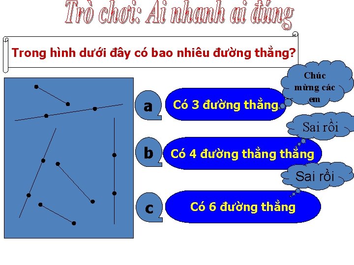 Trong hình dưới đây có bao nhiêu đường thẳng? a Có 3 đường thẳng