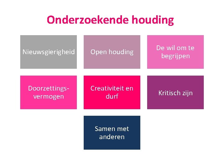 Onderzoekende houding Nieuwsgierigheid Open houding De wil om te begrijpen Doorzettingsvermogen Creativiteit en durf