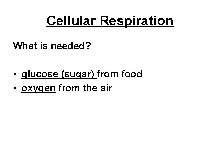 Cellular Respiration What is needed? • glucose (sugar) from food • oxygen from the
