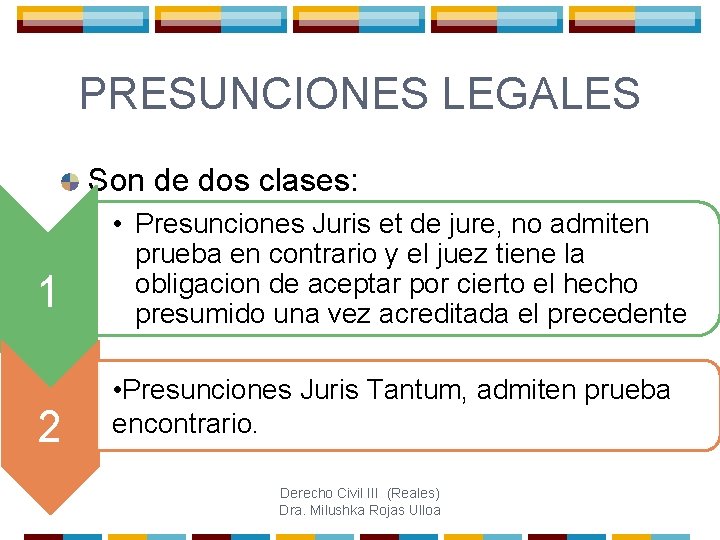 PRESUNCIONES LEGALES Son de dos clases: 1 • Presunciones Juris et de jure, no