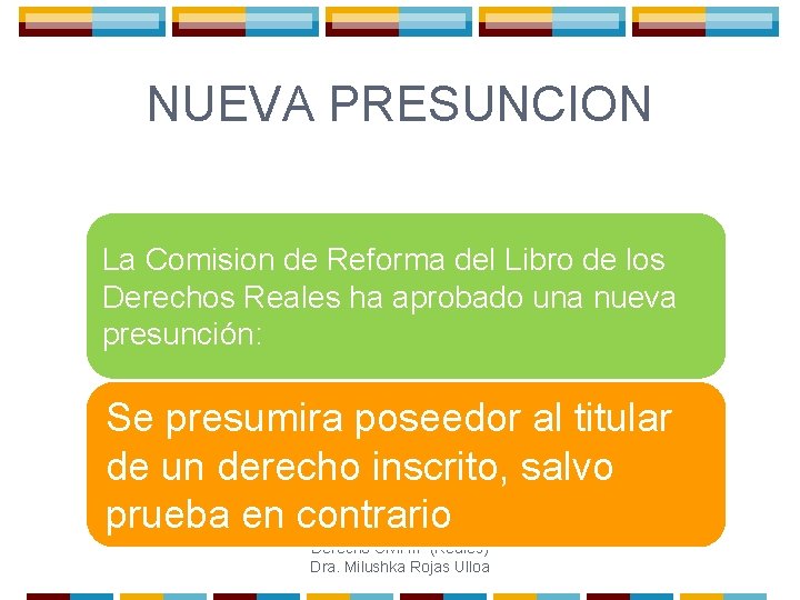 NUEVA PRESUNCION La Comision de Reforma del Libro de los Derechos Reales ha aprobado