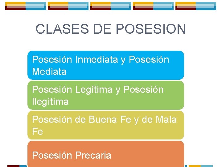 CLASES DE POSESION Posesión Inmediata y Posesión Mediata Posesión Legítima y Posesión Ilegítima Posesión