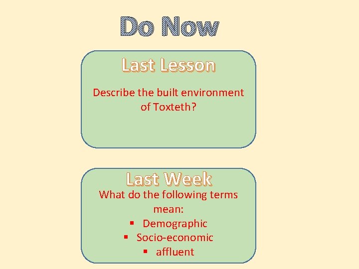 Do Now Last Lesson Describe the built environment of Toxteth? Last Week What do