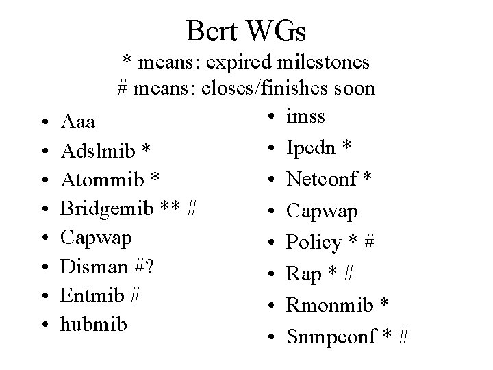 Bert WGs • • * means: expired milestones # means: closes/finishes soon • imss