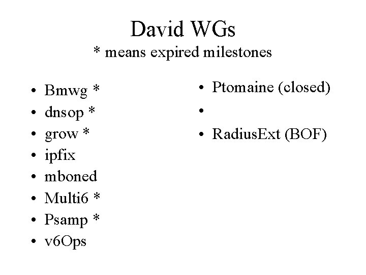 David WGs * means expired milestones • • Bmwg * dnsop * grow *