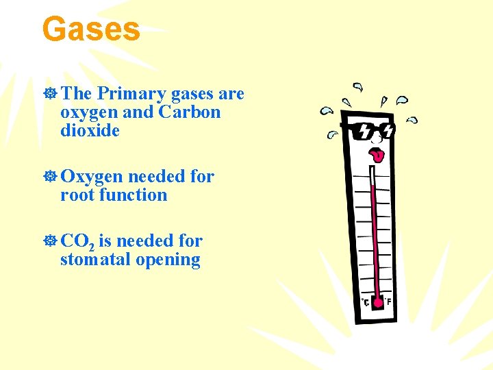Gases ] The Primary gases are oxygen and Carbon dioxide ] Oxygen needed for