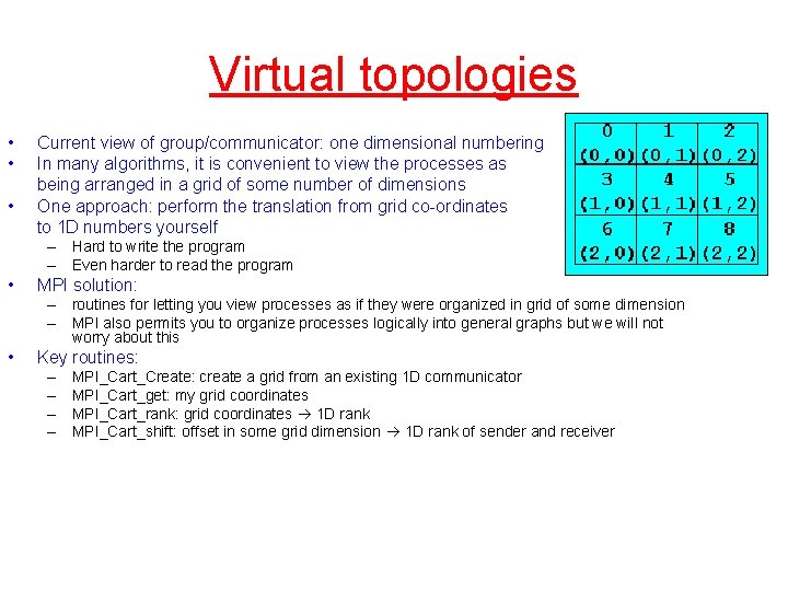 Virtual topologies • • • Current view of group/communicator: one dimensional numbering In many