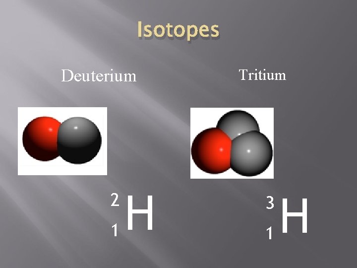 Isotopes Deuterium 2 1 H Tritium 3 1 H 