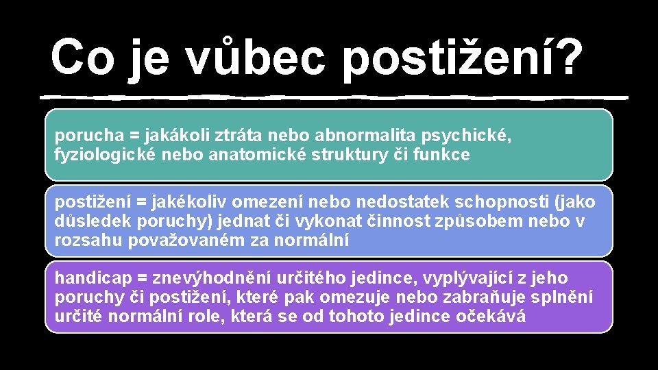 Co je vůbec postižení? porucha = jakákoli ztráta nebo abnormalita psychické, fyziologické nebo anatomické