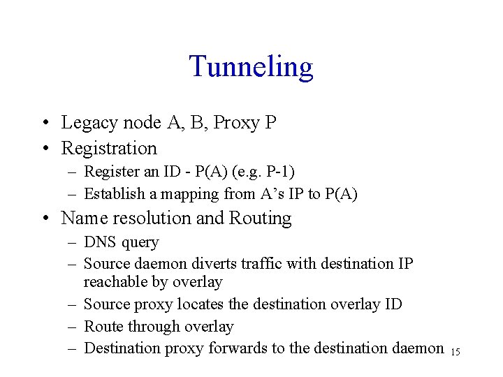 Tunneling • Legacy node A, B, Proxy P • Registration – Register an ID