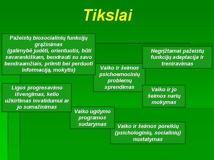 Tikslai Pažeistų biosocialinių funkcijų grąžinimas (galimybė judėti, orientuotis, būti savarankiškam, bendrauti su savo bendraamžiais,