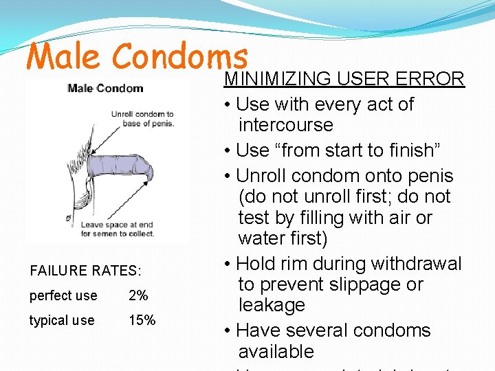 Male Condoms FAILURE RATES: perfect use 2% typical use 15% MINIMIZING USER ERROR •