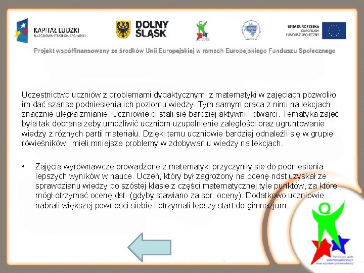 Uczestnictwo uczniów z problemami dydaktycznymi z matematyki w zajęciach pozwoliło im dać szanse podniesienia